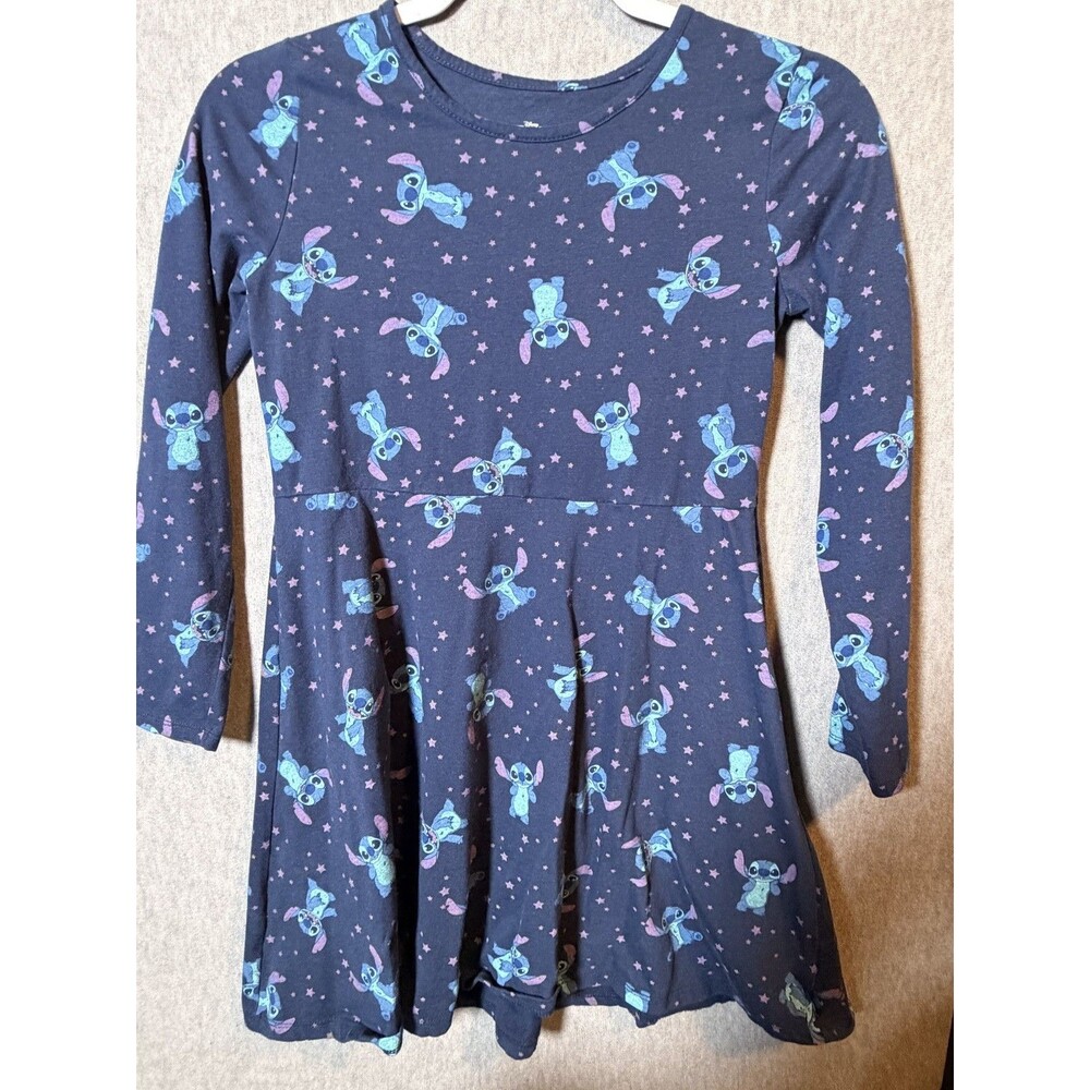 Disney Stitch Girls Long Sleeve Dress Size L 10/12 Blue Purple Stars Knit